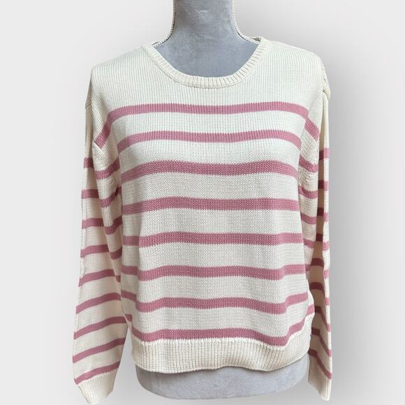 KULE Striped Organic Cotton Sweater Pink White Long Sleeve Size Large - Picture 2 of 9